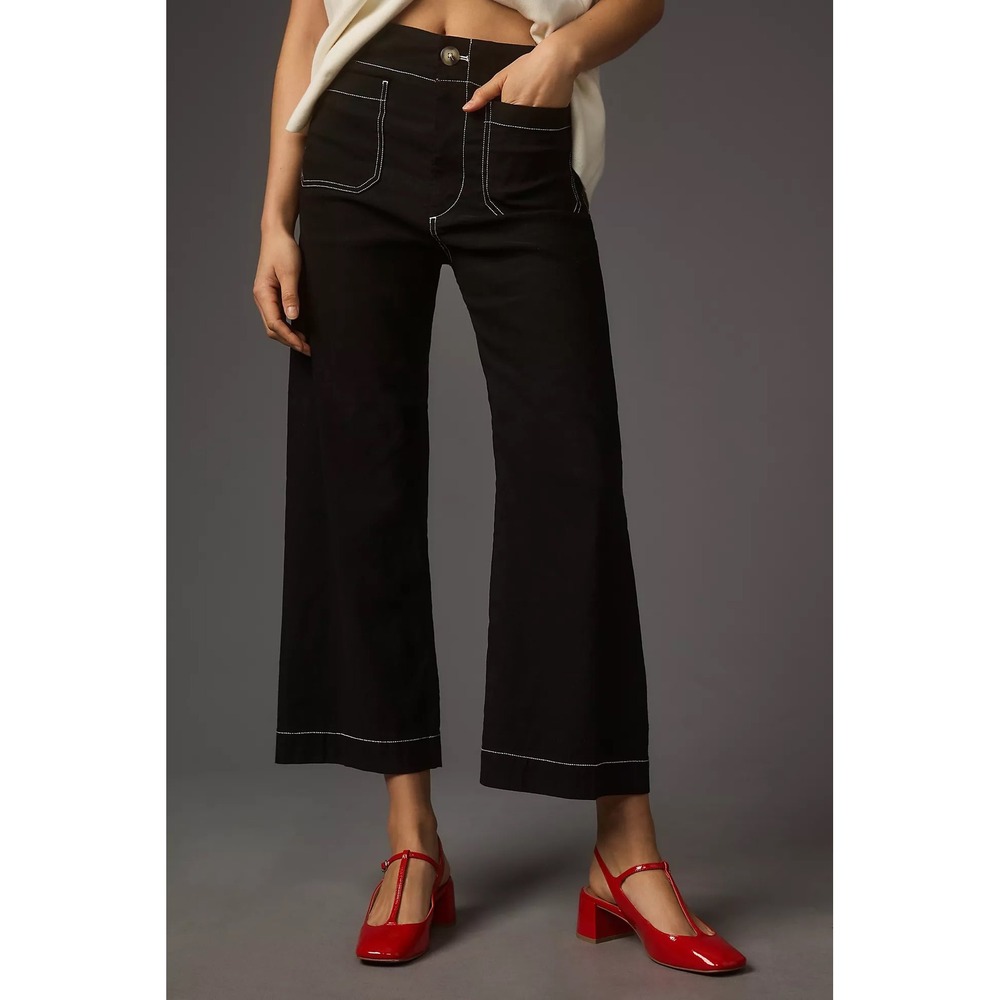 Maeve Anthropologie The Colette Cropped Wide Leg Pants Contrast Stitch 28 Tall